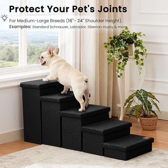 Love's cabin Dog Stairs for High Bed, Foldable Pet Stairs for Small Medium or Large Dogs Puppy with Storage for Bed or Couch, Cat Dog Steps Ramp with Zip up to 200 lbs, Black, 5 Steps