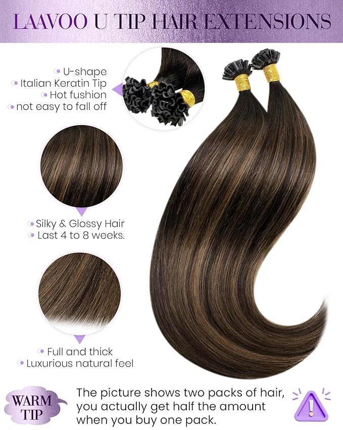 LaaVoo K Tip Hair Extensions Real Human Hair Brown Ktip Human Hair Extensions Utip Hair Extensions Balayage Dark Brown to Medium Brown 18 Inch 100g 100s