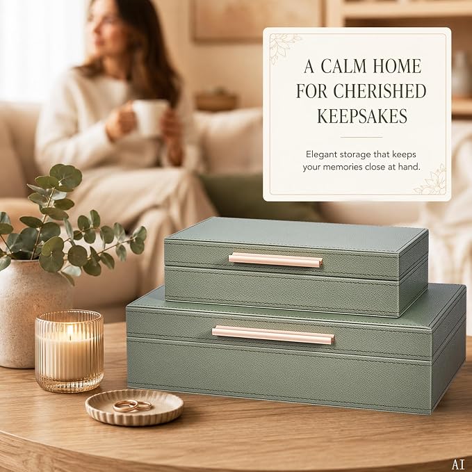 Decorative Box, Decorative Boxes with Lids 2-Set, Memory Box for Keepsakes | Beautiful PU Leather Decorative Storage Boxes in Style, Decor Box with Rose Metal Handle, Store Photos, Documents Green