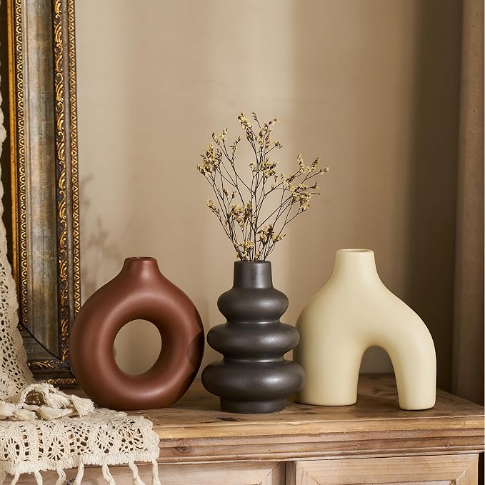 Boho Ceramic Vase Set of 3, Rustic Flower Vases for Pampas Grass | Modern Boho Vase for Decor, Decorative Vases Centerpieces for Wedding Living Room Bedroom Coffee Table Dinner Table