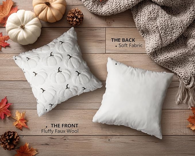 Fall Pumpkins Decorative Pillow Covers 16x16 Set of 2, White Soft Plush Faux Fur Wool Farmhouse Throw Cushion Cases for Autumn Thanksgiving Holiday Home Decorations