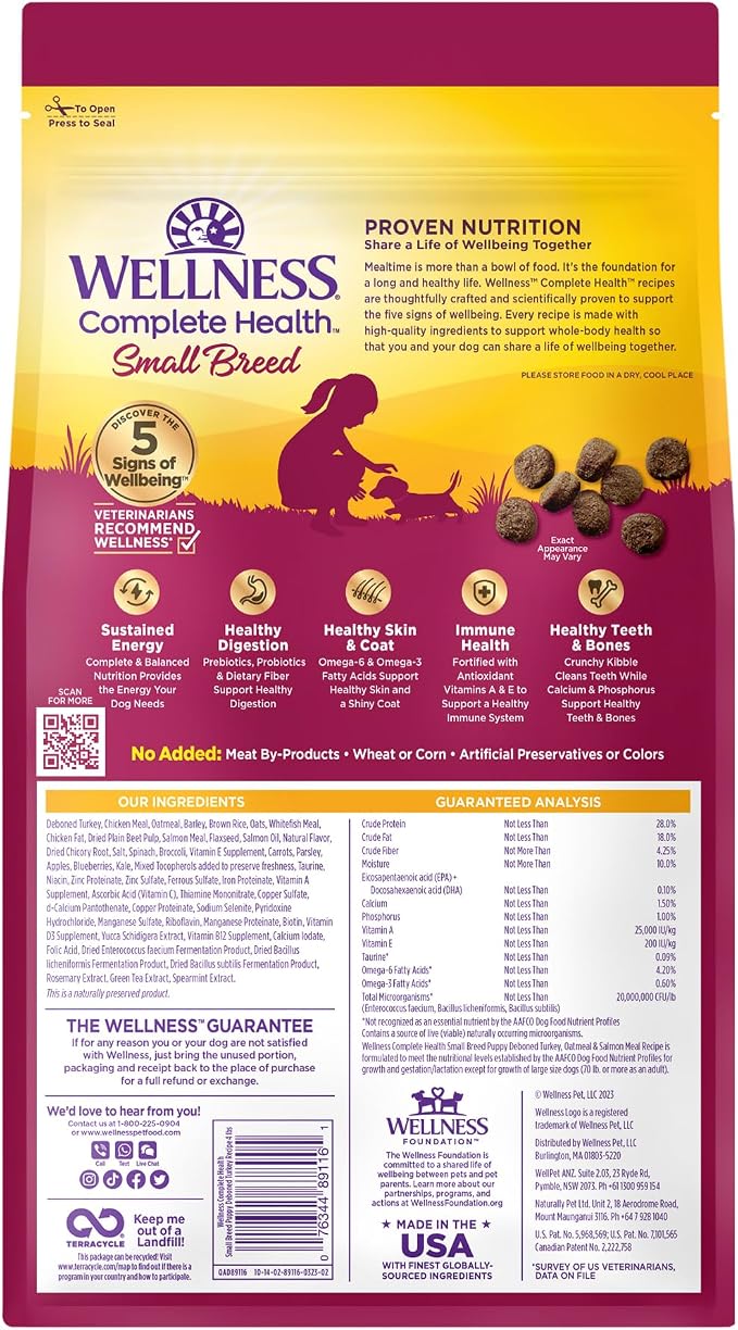 Wellness Complete Health Small Breed Puppy Dry Dog Food, Wholesome Grain Kibble, Natural, Turkey, Oatmeal, and Salmon Recipe, 4 lb Bag