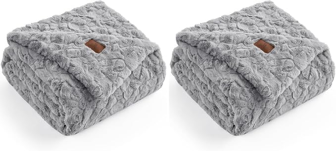 Cozy Bliss Faux Fur Throw Blanket for Couch, Fuzzy Soft Plush Thick Warm Fluffy Reversible Wave Textured Blanket for Sofa Bedroom Living Room, 55 * 70 Inches Grey (Pack of 2)
