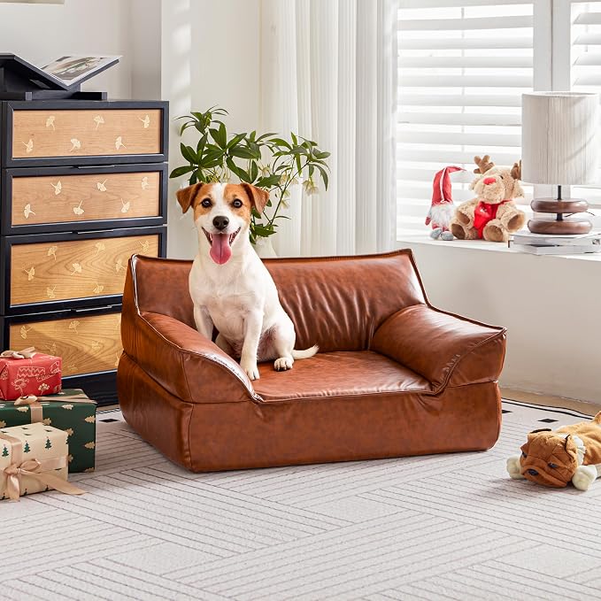 Dog Couch Bed Leather Cat Sofa for Small and Medium Pets Under 50 lbs | Brown Mid Century Modern Elevated Dog Sofa Chair, Luxurious Indoor Furniture Style Pet Supplies for Puppy