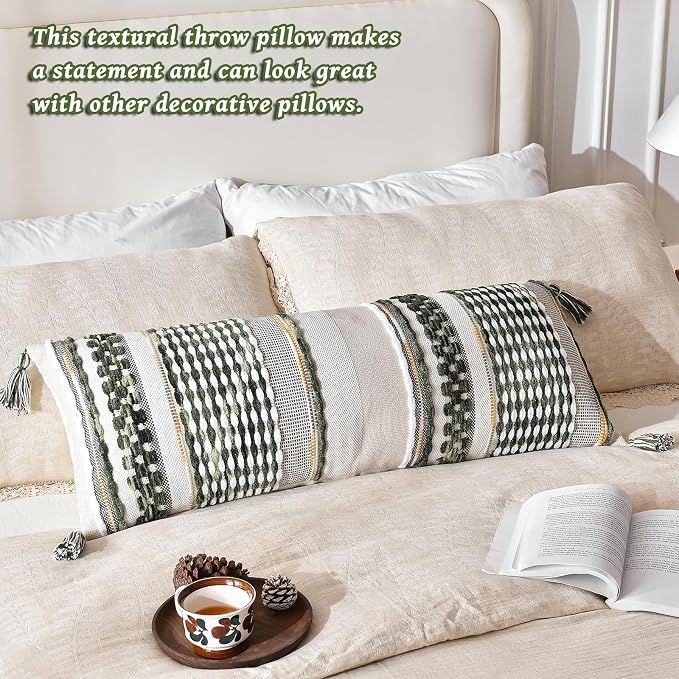 Chenille Striped Textured Boho Throw Pillow Covers Aesthetic with Tassels Woven Decorative Pillow Case for Couch Bed Sofa Bedroom Modern Funky 14 x 36-Inch Sage Green