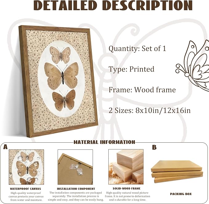 Framed Butterfly Canvas Wall Art, Vintage Butterfly Pictures Posters Wall Decor, Modern Farmhouse Decor, Rustic Retro Butterflies Paintings Prints for Bedroom Bathroom Shelf 8x10 inch