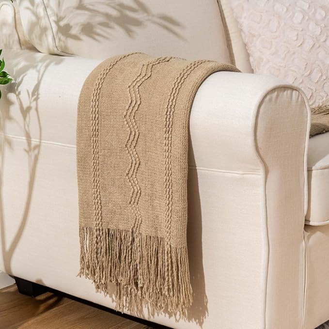 BATTILO HOME Tan Throw Blanket for Couch, 50"x60" | Taupe Throw Blanket for Home Decor, Lightweight Decorative Knit Throw Blanket