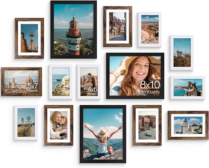 Vittanly 15 Pack Gallery Wall Frame Set, Black, Brown, White | Picture Frames Collage Wall Decor: 3pcs 8x10, 6pcs 5x7, 6pcs 4x6. Picture Frame Set for Wall or Tabletop Display