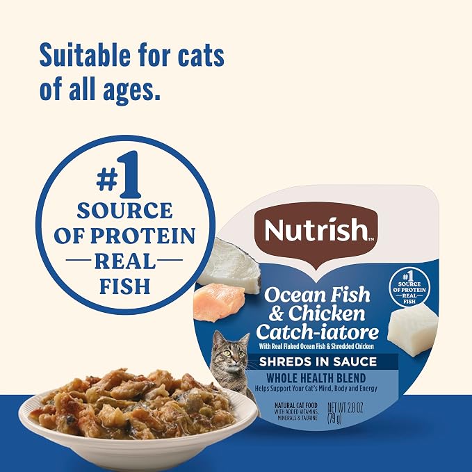 Nutrish Fish & Chicken Wet Cat Food, 2.8 oz. Cup (24 Pack) (Rachael Ray) | Made with Real Flaked Ocean Fish & Shredded Chicken in Sauce, Grain Free Recipe, Lean Protein Helps Support Muscular Health