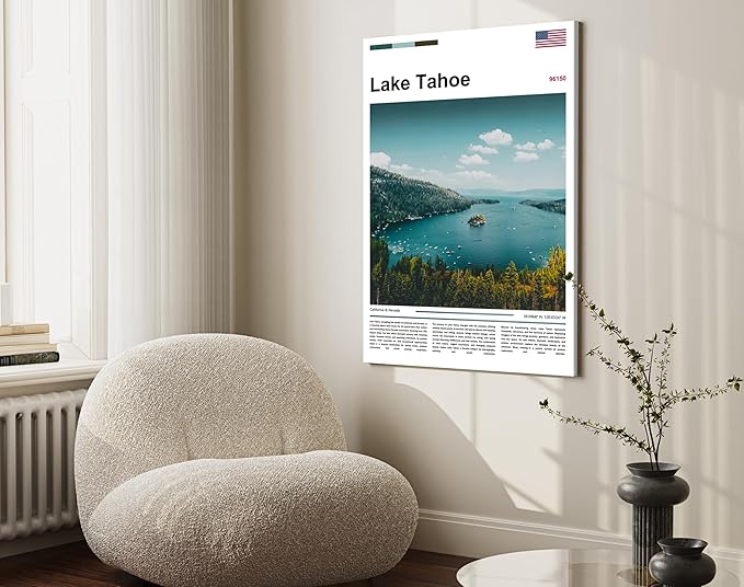 Poster Lake Tahoe Wall Art Original Design(24"x16" Unframed) Emerald Bay California Nevada Landscape Print Sierra Nevada Mountains Nature Scenery Alpine Lake View Travel Photography Picture