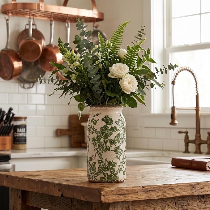 Vintage Green Tuscan Ceramic Vase, Rustic Flower Vases for Home Decor, 8in | Farmhouse Planter with Crackle Glaze, Floral Holder for Home Decor, Fresh Flowers, Rustic Tuscan Style, Living Room