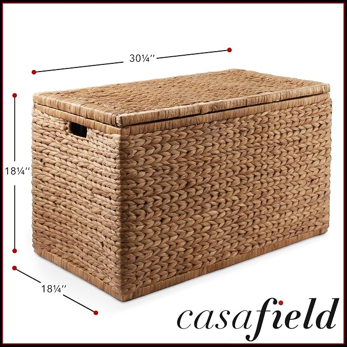 Casafield 30" Storage Chest with Lid, Handles, and Safety Hinge - Cinnamon Brown, Hyacinth Wicker Storage Trunk for Entry Way, Living Room, Bedroom