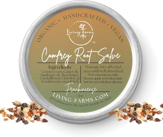 Comfrey Salve with Castor Oil & Frankincense - Aches, Sprains, Sore Muscles, Joints, Minor Pain -Vegan Friendly Natural Healing Balm - Handmade in The USA (1oz, Frankincense)