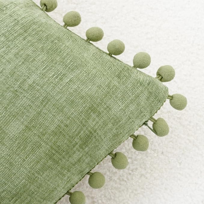 CaliTime Decorative Couch Throw Pillow Covers 20 X 12 Inches Sage | Pack of 2, Cozy Chenille Cushion Cases, with Pom Poms for Sofa Bed Living Room Farmhouse Home