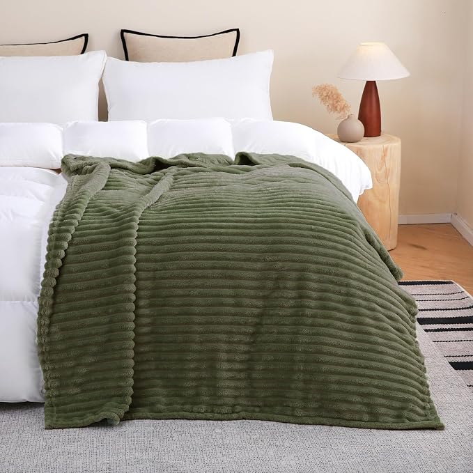 Olive Green Fleece Throw Blanket 60”×80” for Couch Sofa Livingroom | Super Soft Cozy Plush Microfiber Flannel Bed Blanket Striped Design Lightweight Home Decor Gifts for Adults Mom Women