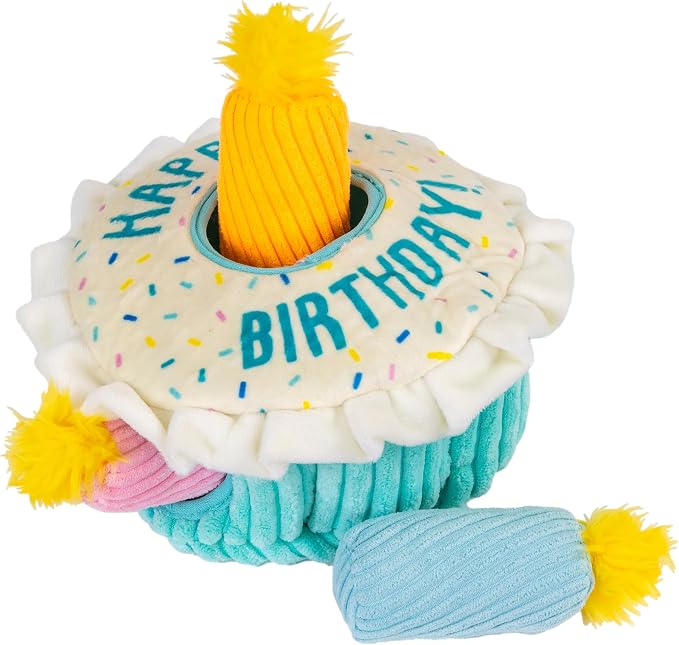 Outward Hound Hide-A-Birthday-Cake Plush Squeaky Dog Toy, 7.5" x 4.7" | Hide-n-Seek Puzzle, 3 Removable Candles, Toss & Fetch, Interactive Enrichment, Boredom Buster, Light Chewers, Dogs & Puppies
