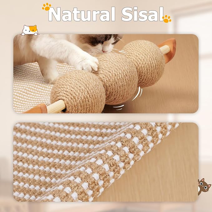3 in 1 Sisal Cat Scratcher Bed, Solid Pine Cat Scratcher with Balls (Wood) | Extra Large Cat Scratching Post with Hammock, Cat Scratcher for Scratch & Play & Rest, Cat Furniture for Indoor Cats, Kitten
