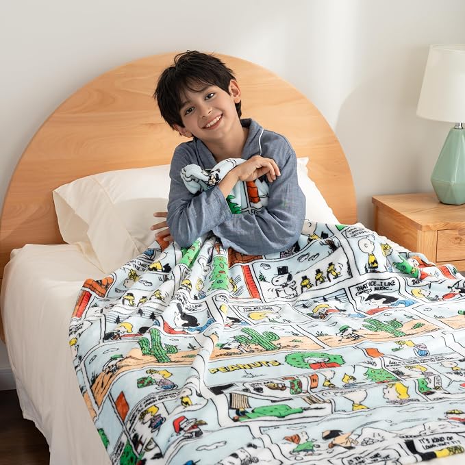 Berkshire Blanket Peanuts® VelvetLoft® Cute Character Snoopy Plush Oversized Throw Blanket, Peanuts Christmas Comic Strip Colorized White (50in x 60in)