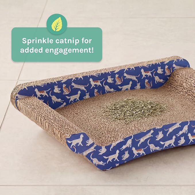 Kitty City Corrugate Sofa Lounger Cat Scratcher - Couch Bed Scratch Pad, Horizontal Nail File Scratch Mat for Indoor Cats, Sturdy Construction Cat Toy - Orange Kitty Pattern, 17” x 9.5”