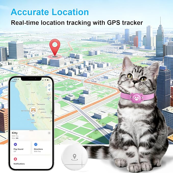 2-in-1 GPS Tracker for Cats: Smart Pet Collar with Real-Time Tracking,No Monthly Fee/Subscription (iOS & Android) Waterproof, Anti-Lost,365-Day Long Battery Life GPS Tracker Cat Collar (Pink)
