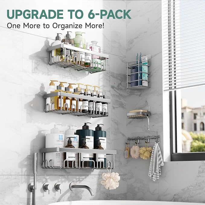 Veken Shower Caddy 6-Pack, Advanced Rustproof Design, No Drilling Adhesive Shelves, Rack with Soap Holder, Large Capacity Bathroom Organizers and Storage, Wall-Mounted Kitchen & Home Decor, Silver