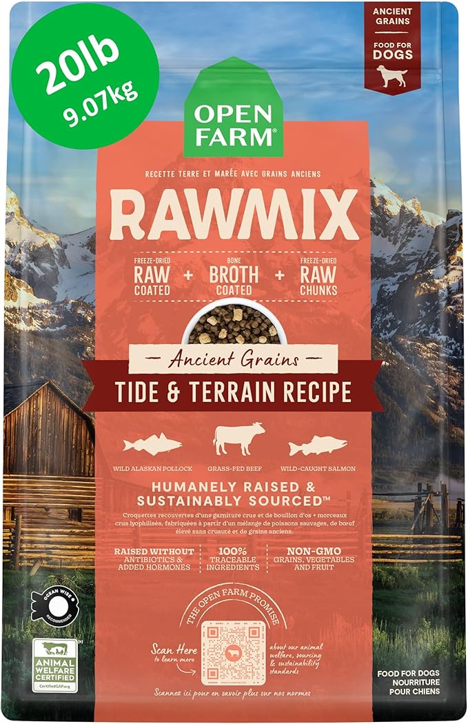 Open Farm RawMix Ancient Grains Dry Dog Food, Tide & Terrain Kibble, 20lb | Wild-Alaskan Pollock, Salmon, Grass-Fed Beef, Freeze Dried Raw Chunks, 100% Traceable Ingredients, 20lb Bag.