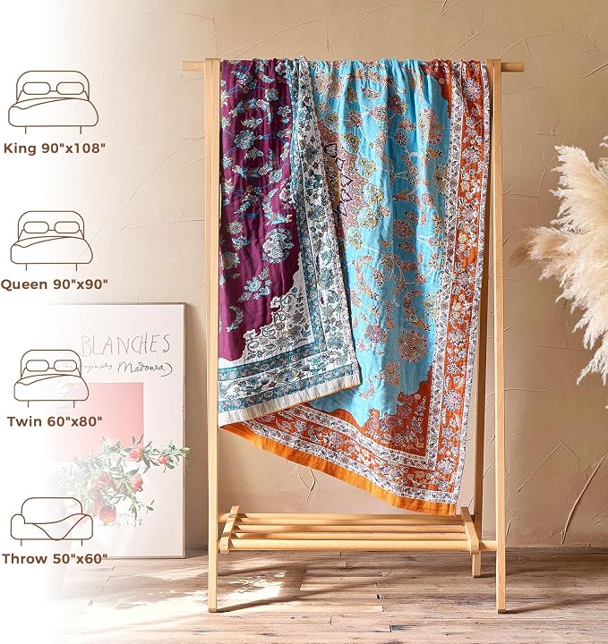 LUTBM Boho Throw Blanket for Bed 60"x80", All Season Cotton Couch Blankets | Reversible Vintage Floral Jacquard, All-Season Twin Lightweight Breathable Quilt, For Chair Sofa Bedroom Living Room Decor