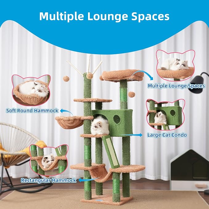 Hey-brother Cat Tree Tower with Padded Platform Bed, Hammock, MPJ019-SCA | 53 Inches Cat House with Large Cozy Condo, Toy Balls and Sisal Scratching Posts for Indoor Multi-Cats, Cactus