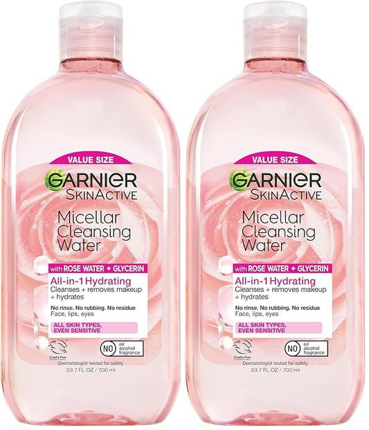 Garnier Micellar Water with Rose Water and Glycerin,Hydrating Facial Cleanser & Makeup Remover,For All Skin Types,Vegan,Cruelty Free,23.7 Fl Oz (700mL),(Pack of 2)