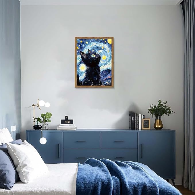 Framed Black Cat Wall Art, Van Gogh Starry Night Canvas Wall Decor, Cute Cat Animal Poster Print Picture, Impressionist Artwork Oil Painting for Bedroom Living Room Nursery 16x24 Inch