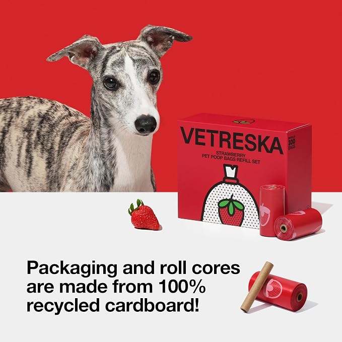 VETRESKA Strawberry Scented Dog Poop Bags, Leak Proof, 300 Counts | Extra Thick and Large Pet Waste Bags for Dogs Walking and Cat Litter, 20 Rolls