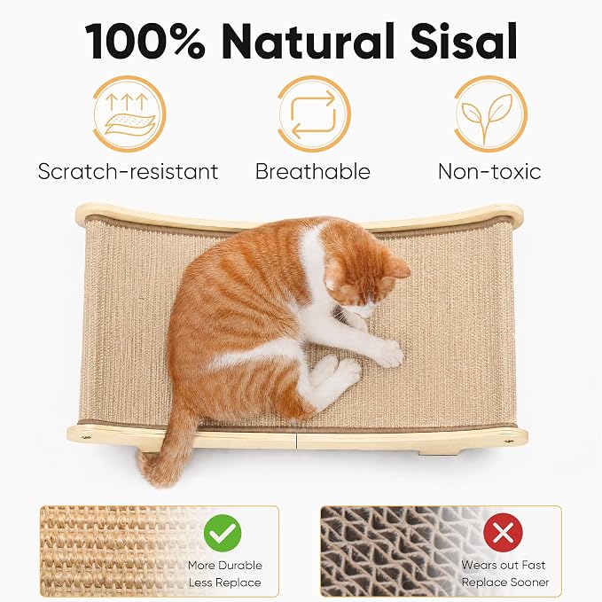 FUKUMARU Extra Large Sisal Cat Scratcher Bed Indoor Sturdy Wood Scratch Bed | 27.4 Inch Large Cat Scratching Bed Scratch Pad, 100% Natural Sisal Cat Hammock, Solid Wood Frame Lounger Chair Sofa