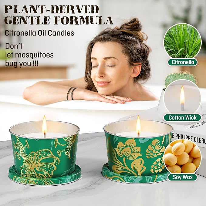 Portable Citronella Candles for Outdoor Patio - 3 Pack 2.2oz Travel Size Natural Soy Wax Candles in Shatterproof Tins, 30 Hours Total Burn Time for Camping, Fishing, Backyard Party & Deck Décor