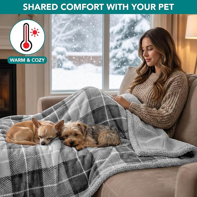 PetAmi Waterproof Dog Blanket for Small Puppy Cat, 29x40, Plaid Light Grey | 460 GSM Sherpa Fleece Reversible, Pee Proof Pet Blanket, Furniture Protector Cover for Couch Sofa Kennel Crate, Washable