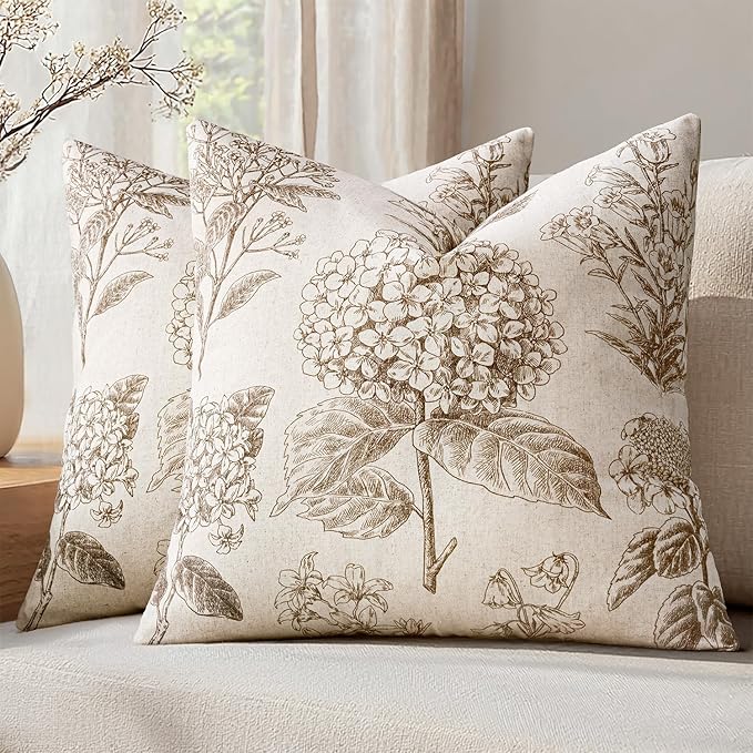 Set of 2 Decorative Floral Pillow Covers 20x20 Inch Light Brown | Neutral Hydrangea Print, Boho Vintage Throw Cushion Covers, Cottagecore Home Decor, for Sofa Couch Porch Bedroom Living Room