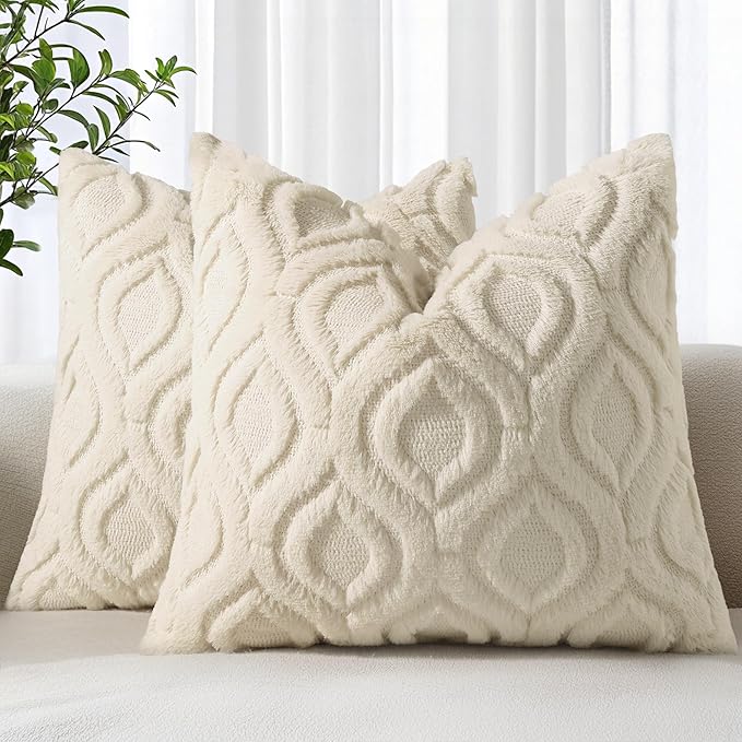 decorUhome Faux Fur Plush Soft Beige Throw Pillow Covers 26x26 Set of 2 | Wool Solid Fall Couch Pillow Covers, Accent Modern Farmhouse Neutral Decorative Square Pillow Cases for Sofa Bed Living Room