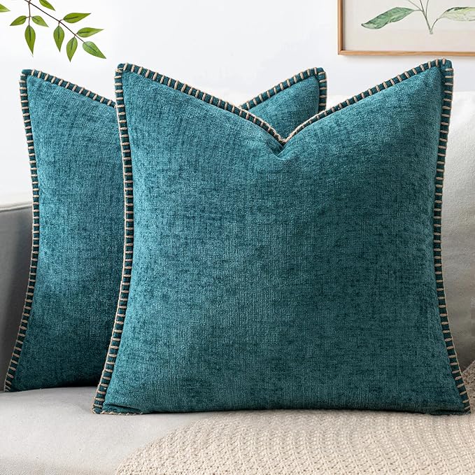 MIULEE Decorative Couch Throw Pillow Covers 16x16 Inch Dark Teal 2 Pack | Farmhouse Pillow Covers with Stitched Edge, Soft Chenille Cushion Cases, for Sofa Bed Living Room Home Decor