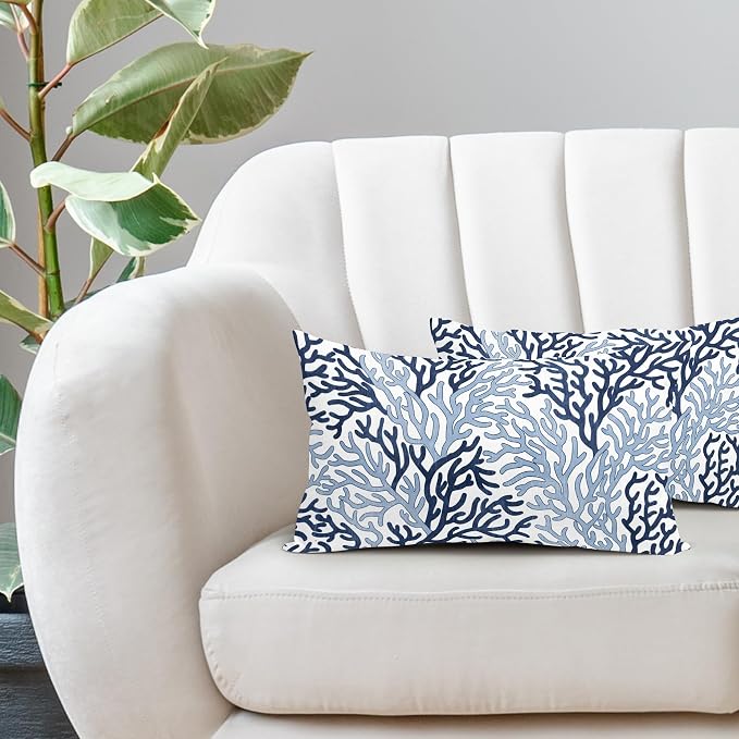 Summer Coastal Coral Lumbar Pillow Covers 12x20 Inch Set of 2 Nautical Blue Whtie Ocean Themed Beach Pillow Cases Outdoor Linen Square Cushion Cover Farmhouse Decor for Bedroom Home Sofa Couch