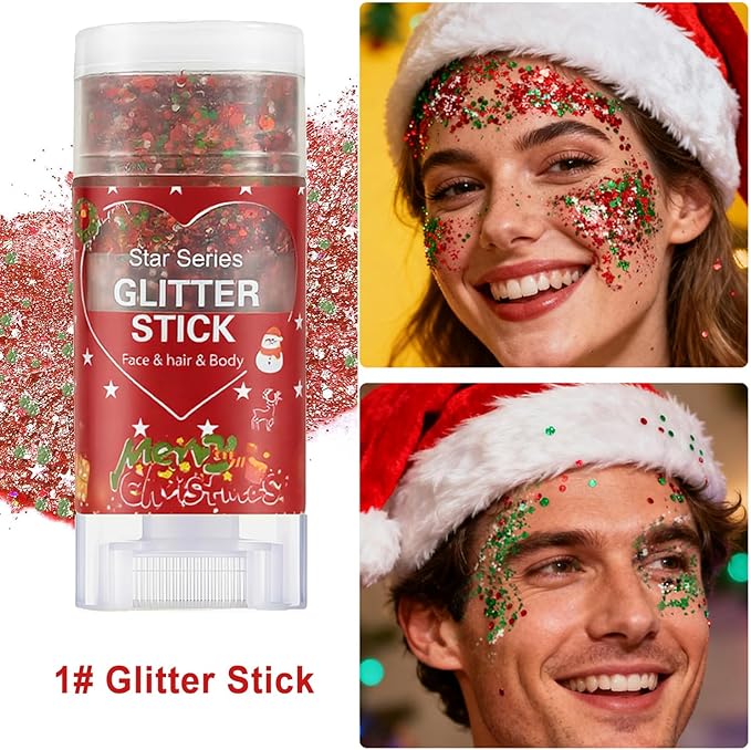 Red Green and White Body Glitter Stick, Christmas Hair Glitter for Kids,Xmas Party Festivel Accessories Outfits for Women Face Glitters Makeup, Long Lasting Chunky Sequins Gel for Christmas (Red)