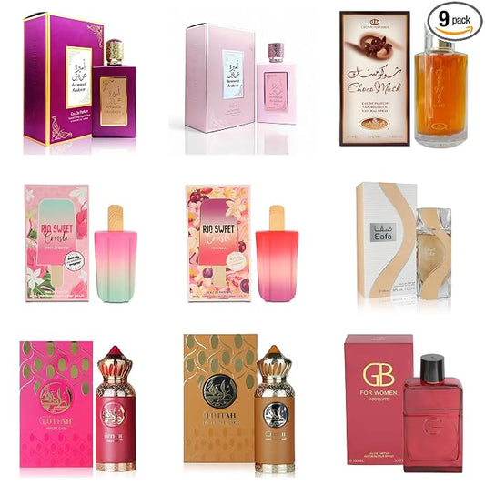 AFLUXE Women's Perfume Sampler Set - 9 x 100ml Full-Size Luxury Fragrances | Floral, Fruity, Gourmand & Woody Scents | Gift Ready Collection for Her(9PCS Combo-5)