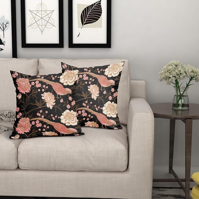 Flowers Birds Leaf Pillow Covers 20X20 Inch Set of 2 Pink White Roses Floral Decorative Pillow Cases Art Retro Black Gold Cotton Linen Cushion Case Vintage Home Decor For Sofa Couch Porch Outdoor
