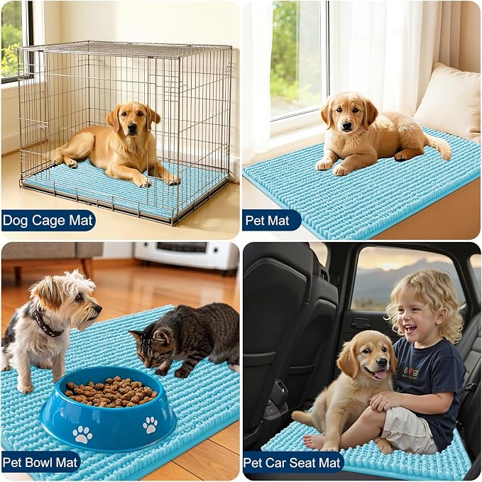 OLANLY Dog Door Mat for Muddy Paws 24x16, Extra Absorbent Chenille Mud Mat | Blue, Absorbs Moisture and Dirt, Non-Slip Machine Washable Doormat, Quick-Drying Indoor Entryway Floor Mat for Dogs