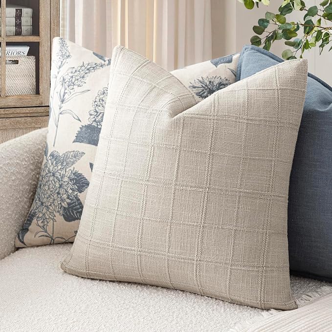 Foindtower Set of 2 Decorative Linen Check Throw Pillow Covers Neutral Farmhouse Vintage Cushion Covers Modern Coastal Boho Home Decor for Sofa Chair Couch Bedroom Living Room,22×22 Inch,Light Grey