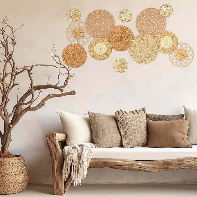 Glenmal 13 Pcs Boho Wall Basket Decor Set Woven Rattan Seagrass,Classic | Handmade Flat Baskets for Bedroom Living Room Office, Wicker Bamboo Seagrass Hanging Art, Farmhouse Gallery Ready to Hang