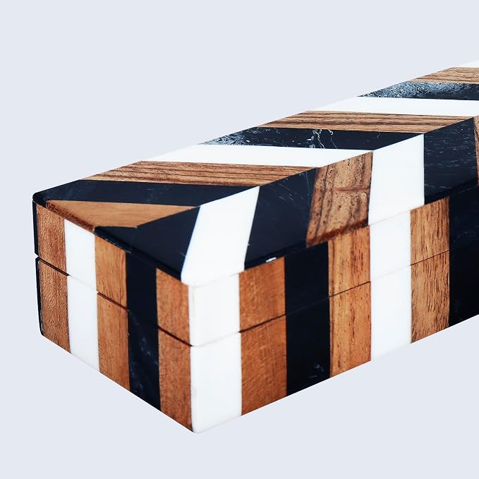 Handicrafts Home Slim Decorative Storage Box with Lid Wooden Entryway Organizer Key Holder Box for Hallway Console Table – Natural Wood Resin Inlay Marquet Cosmo Collection- 10x2.5x1.5