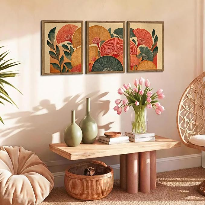 Framed Colorful Botanical Wall Art Set of 3, Vintage Ginkgo Leaves Canvas Wall Decor Paintings, Mid Century Abstract Flowers Posters Prints Pictures for Living Room Bedroom Bathroom 16x24 Inch