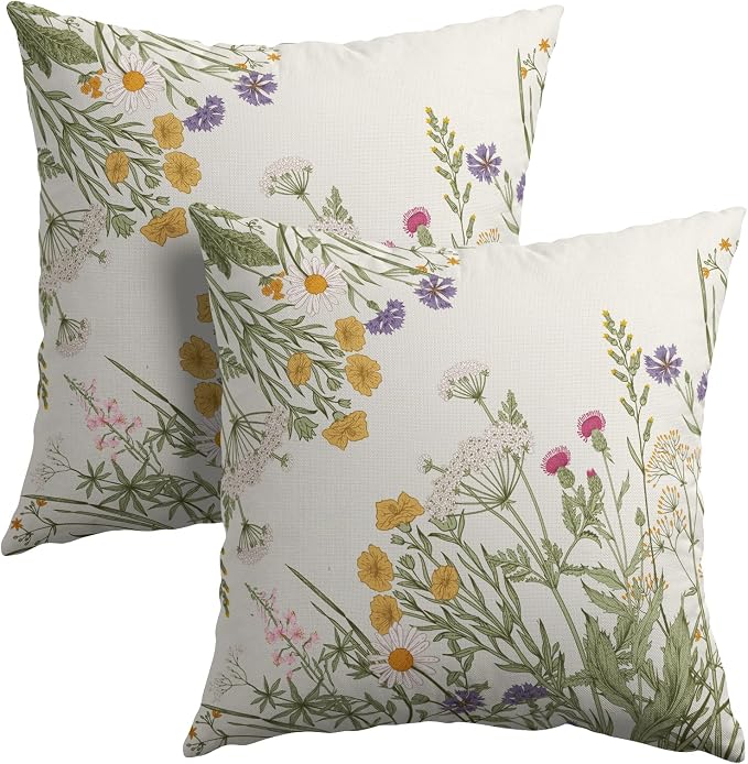 Kawani Wild Flower Throw Pillow Covers 20x20 in, Set of 2 Colorful Spring Herbs Floral Leaves Outdoor Decorative Pillow Cases Cotton Linen Cushion Cover for Couch Bed Sofa Home Decor Gift