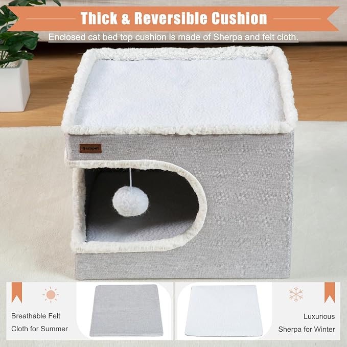 Garnpet Cat Bed for Indoor Cats Cube House, Covered Cat Cave Beds & Furniture with Scratch Pad and Hideaway Tent, Cute Modern Cat Condo for Multi Small Pet Large Kitten Kitty, Large, Green