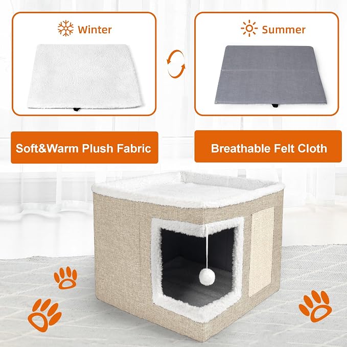 Loyareal Cat Houses for Indoor Cats - Large Cat Bed Cave with Scratch Pad and Fluffy Ball, Foldable Cat Condo Hideaway with Reversible Cushion for Multi Small Pet, Khaki