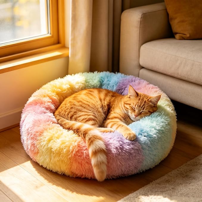 Cat Beds for Indoor Cats - Anti Anxiety Round Dog Beds for Small Medium Dogs, Fluffy Plush Faux Fur Pet Bed (Rainbow, Large 24" L x 24" W)